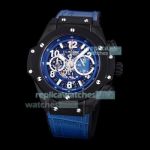 Hublot Big Bang Quartz Chronograph Replica Watch Blue Skeleton Dial with Leather Strap